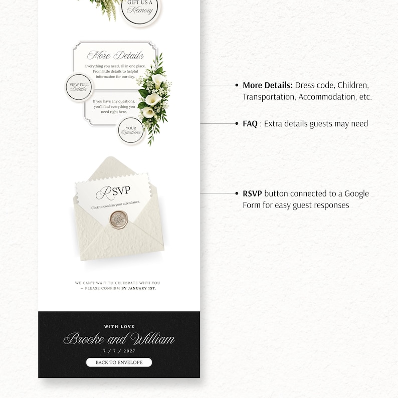 Puede incluir: Una plantilla de invitaci&oacute;n de boda digital con fondo blanco y detalles florales, una secci&oacute;n More Details, una secci&oacute;n FAQ y una tarjeta RSVP con sello de cera. La parte inferior incluye los nombres Brooke y William, la fecha 7/7/2027 y un bot&oacute;n.