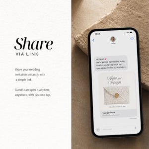 May include: A smartphone displaying a text message conversation with a digital wedding invitation. The message includes the text 'Hi Olivia! We're getting married and would love for you to be part of our special day. Here's our invitation:' and an image of a white envelope with a gold wax seal.