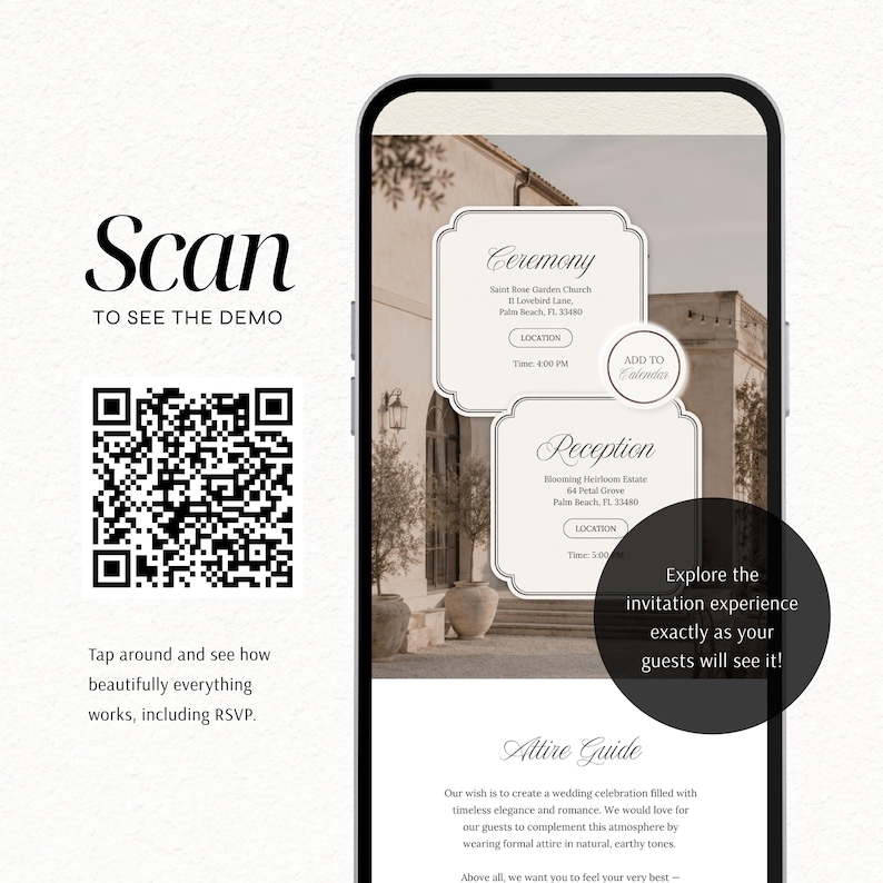 Peut inclure: Un smartphone affichant une interface d'invitation de mariage num&eacute;rique avec un code QR &agrave; gauche. L'&eacute;cran pr&eacute;sente les d&eacute;tails de la c&eacute;r&eacute;monie et de la r&eacute;ception, un bouton Ajouter au calendrier et un guide vestimentaire. Texte : Scan to see the demo.