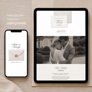 May include: A smartphone and a tablet displaying a digital wedding invitation website. The screens show the names Anna and Severyn, an ornate white envelope with a gold wax seal, and a black and white photograph of a couple embracing outdoors.