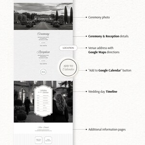 May include: A digital wedding invitation template featuring black and white photography, ceremony and reception details, location buttons with Google Maps links, an Add to Google Calendar button, a wedding day timeline, and additional information pages.