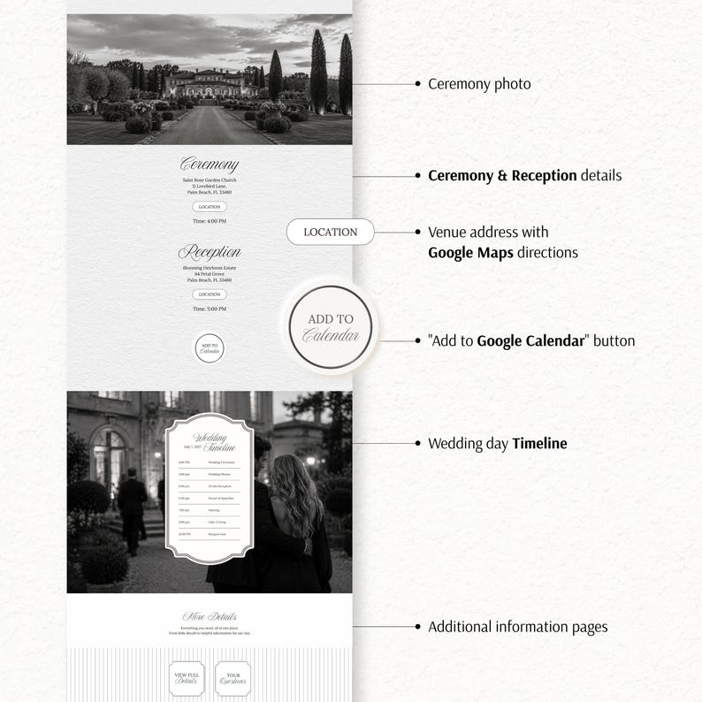 May include: A digital wedding invitation template featuring black and white photography, ceremony and reception details, location buttons with Google Maps links, an Add to Google Calendar button, a wedding day timeline, and additional information pages.