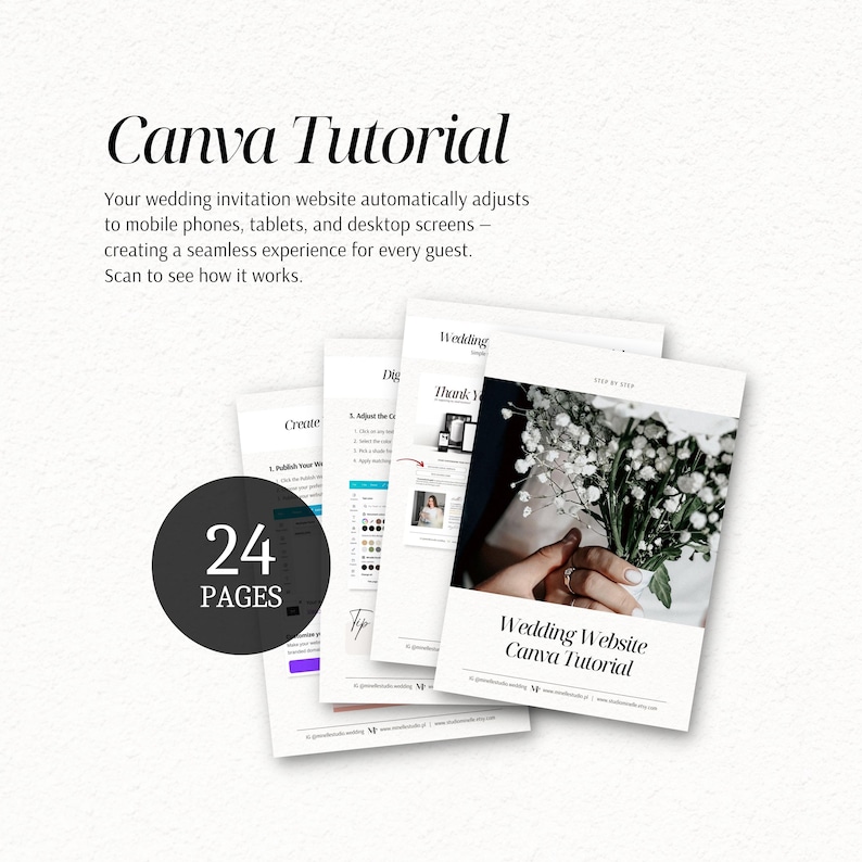 May include: A 24-page Canva tutorial guide for creating a wedding invitation website. The document features instructional text, step-by-step layout examples, and a cover page with a floral bouquet image. The text reads Canva Tutorial and Wedding Website Canva Tutorial.