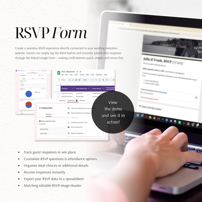 Puede incluir: Una plantilla de formulario RSVP digital en la pantalla de una computadora port&aacute;til, con una interfaz de invitaci&oacute;n de boda, integraci&oacute;n de Google Form y una vista de hoja de c&aacute;lculo. El texto incluye RSVP Form y View the demo and see it in action.