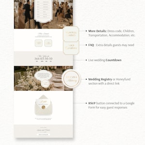 May include: A digital wedding invitation template featuring a schedule of events, a live countdown timer, a wedding registry link, and an RSVP button with a wax seal graphic. The layout includes sections for event details, FAQs, and a personalized footer.