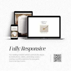 May include: A laptop, tablet, and smartphone displaying a wedding invitation website with the text Laura and Olivier, a digital envelope with a wax seal, and a wedding timeline. The text Fully Responsive and a QR code are visible below the devices.