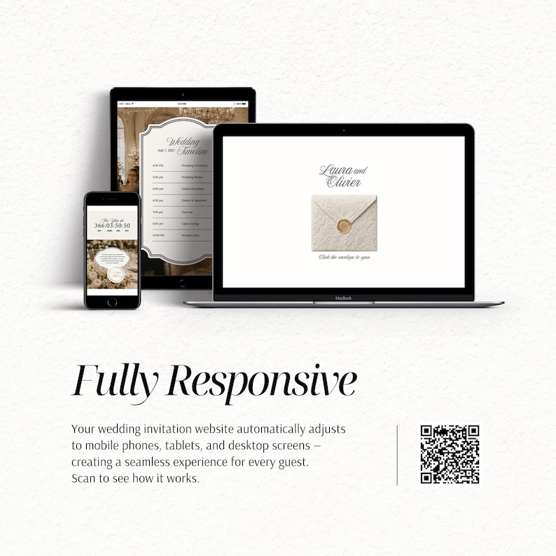 May include: A laptop, tablet, and smartphone displaying a wedding invitation website with the text Laura and Olivier, a digital envelope with a wax seal, and a wedding timeline. The text Fully Responsive and a QR code are visible below the devices.