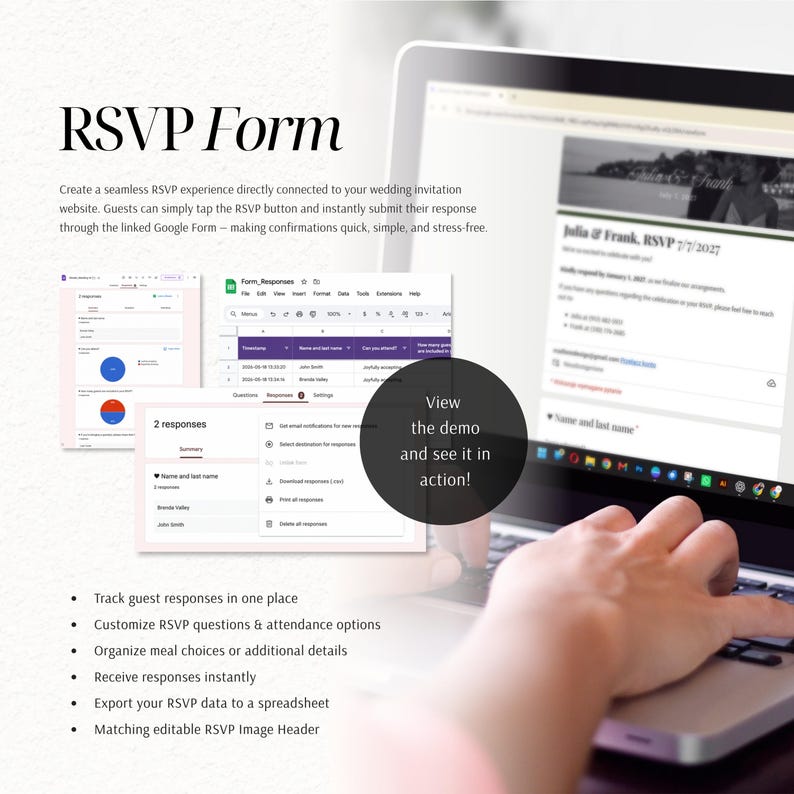 May include: A digital RSVP form template displayed on a laptop screen, featuring a wedding invitation interface, Google Form integration, and a spreadsheet view for tracking guest responses. The layout includes text headers and a demo button.