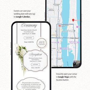 Puede incluir: Dos tel&eacute;fonos inteligentes que muestran una invitaci&oacute;n de boda digital. La pantalla izquierda muestra detalles de la ceremonia y recepci&oacute;n con acentos florales y un bot&oacute;n para a&ntilde;adir al calendario. La derecha muestra Google Maps.
