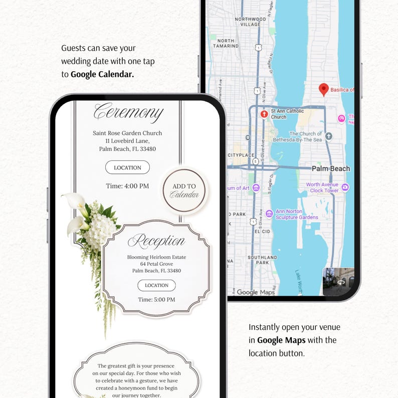 Puede incluir: Dos tel&eacute;fonos inteligentes que muestran una invitaci&oacute;n de boda digital. La pantalla izquierda muestra detalles de la ceremonia y recepci&oacute;n con acentos florales y un bot&oacute;n para a&ntilde;adir al calendario. La derecha muestra Google Maps.