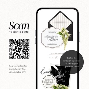 Puede incluir: Una pantalla de smartphone que muestra una demostraci&oacute;n de invitaci&oacute;n de boda digital. La pantalla presenta un sobre, una tarjeta de invitaci&oacute;n con flores para Brooke y William, una interfaz de reproductor de m&uacute;sica, una foto y el texto Scan to see the demo.
