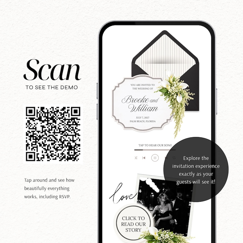 Puede incluir: Una pantalla de smartphone que muestra una demostraci&oacute;n de invitaci&oacute;n de boda digital. La pantalla presenta un sobre, una tarjeta de invitaci&oacute;n con flores para Brooke y William, una interfaz de reproductor de m&uacute;sica, una foto y el texto Scan to see the demo.