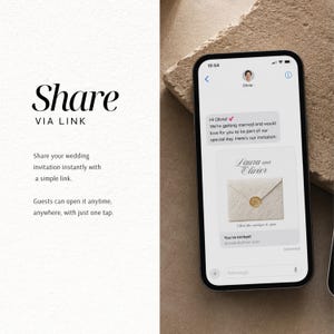 May include: A smartphone displaying a text message conversation with a digital wedding invitation. The message reads, "Hi Olivia! We're getting married and would love for you to be part of our special day. Here's our invitation:" followed by an envelope image.
