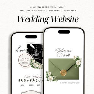 Sage Green & Ivory Garden Rose Wedding Website Template with RSVP | Editable Canva Digital Invitation (Instant Download)