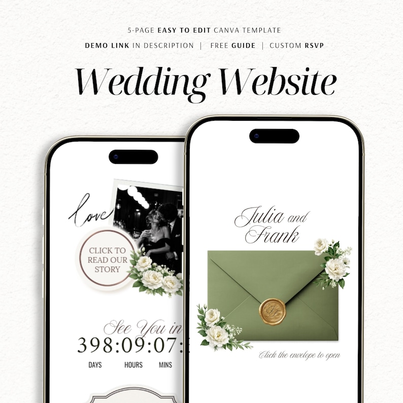 Sage Green & Ivory Garden Rose Wedding Website Template with RSVP | Editable Canva Digital Invitation (Instant Download) image 1