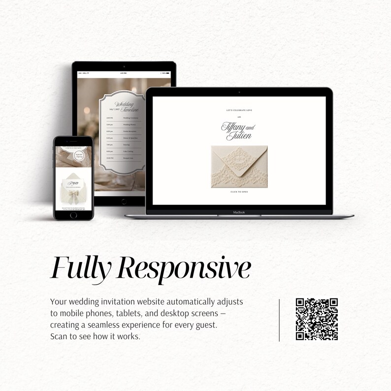 Peut inclure: Un ordinateur portable, une tablette et un smartphone affichant un site web d'invitation de mariage avec le texte Tiffany and Julien. L'&eacute;cran montre un graphique d'enveloppe avec des d&eacute;tails en dentelle. Le texte Fully Responsive et un QR code.