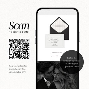 May include: A smartphone screen displays a digital wedding invitation demo featuring a black envelope, a white card with the text Jessica and David, and a music player interface. A QR code is positioned to the left with the text Scan to see the demo.