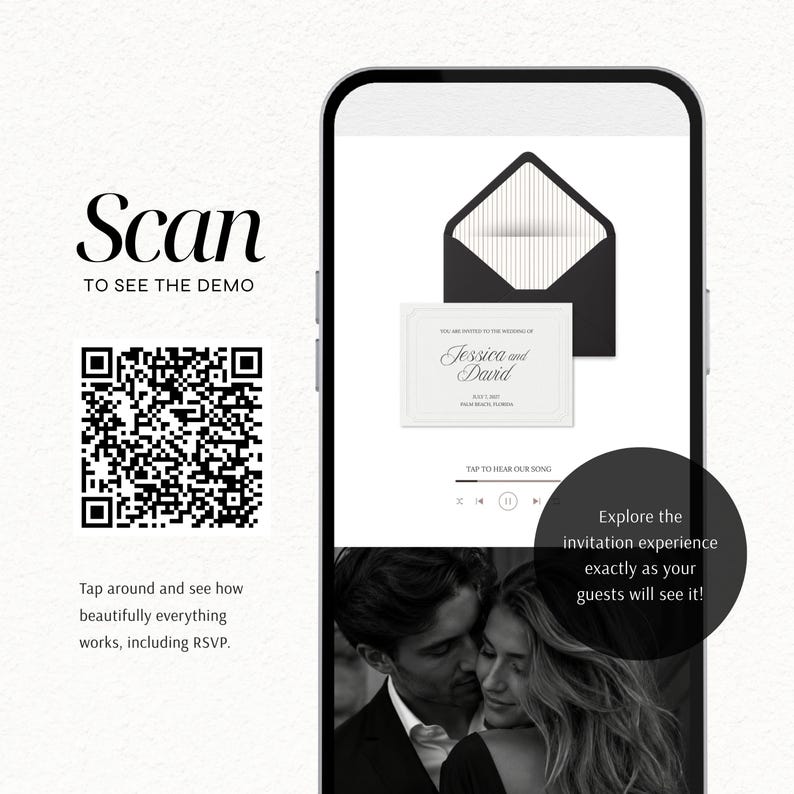 May include: A smartphone screen displays a digital wedding invitation demo featuring a black envelope, a white card with the text Jessica and David, and a music player interface. A QR code is positioned to the left with the text Scan to see the demo.