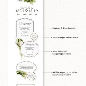 Puede incluir: Una plantilla de invitaci&oacute;n de boda digital con un temporizador de cuenta regresiva, detalles de la ceremonia y recepci&oacute;n con botones de ubicaci&oacute;n, y una secci&oacute;n de lista de regalos. El dise&ntilde;o incluye acentos florales blancos y etiquetas.