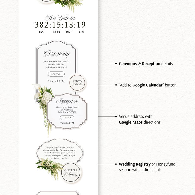 Puede incluir: Una plantilla de invitaci&oacute;n de boda digital con un temporizador de cuenta regresiva, detalles de la ceremonia y recepci&oacute;n con botones de ubicaci&oacute;n, y una secci&oacute;n de lista de regalos. El dise&ntilde;o incluye acentos florales blancos y etiquetas.