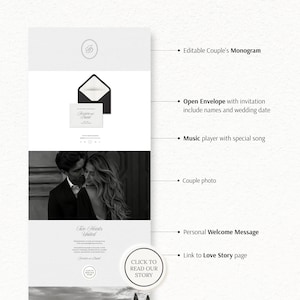 May include: A digital wedding invitation template featuring an editable monogram, an open envelope graphic with names and date, a music player, a black and white couple photo, a personal welcome message, and a button labeled Click to Read Our Story.