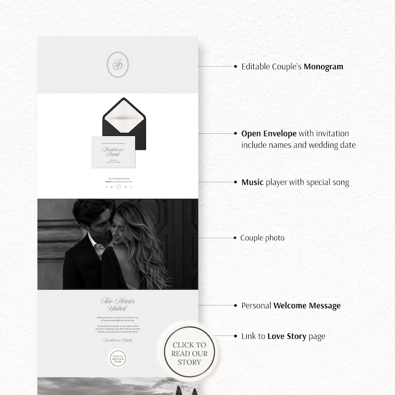 May include: A digital wedding invitation template featuring an editable monogram, an open envelope graphic with names and date, a music player, a black and white couple photo, a personal welcome message, and a button labeled Click to Read Our Story.