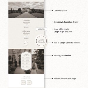 May include: A digital wedding invitation template featuring a black and white photograph of a manor, ceremony and reception details, a Google Maps location button, an Add to Calendar button, a wedding day timeline, and additional information pages.