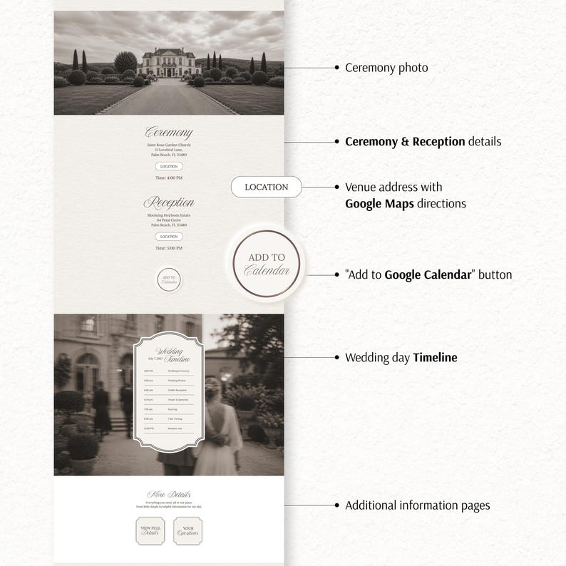 May include: A digital wedding invitation template featuring a black and white photograph of a manor, ceremony and reception details, a Google Maps location button, an Add to Calendar button, a wedding day timeline, and additional information pages.