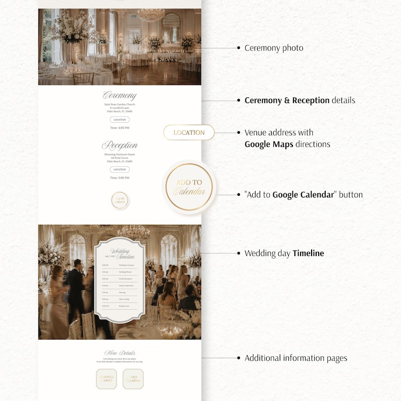 May include: A digital wedding invitation template featuring a ceremony photo, ceremony and reception details, venue address with Google Maps directions, an Add to Google Calendar button, a wedding day timeline, and additional information pages.