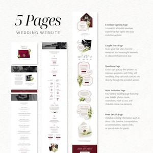 May include: A digital template for a 5-page wedding website featuring a burgundy and white color scheme. The layout includes sections for an envelope opening, couple story, ceremony details, reception information, and a main invitation page with text.