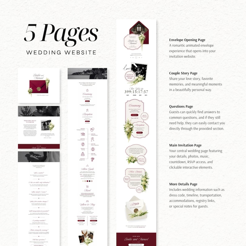 May include: A digital template for a 5-page wedding website featuring a burgundy and white color scheme. The layout includes sections for an envelope opening, couple story, ceremony details, reception information, and a main invitation page with text.