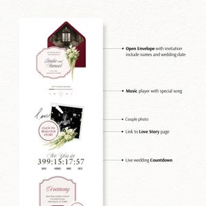 May include: A digital wedding invitation template featuring a deep red envelope, a music player interface, a black and white couple photograph, a love story link, a live countdown timer, and ceremony details with floral accents and elegant typography.
