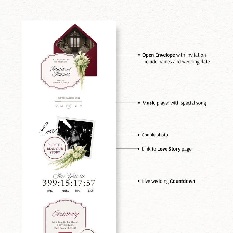 May include: A digital wedding invitation template featuring a deep red envelope, a music player interface, a black and white couple photograph, a love story link, a live countdown timer, and ceremony details with floral accents and elegant typography.