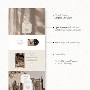 Peut inclure: Un mod&egrave;le d'invitation de mariage num&eacute;rique comprenant un monogramme modifiable, une enveloppe ouverte avec noms et date, un lecteur de musique, une photo de couple, un message d'accueil avec lien et les d&eacute;tails de la c&eacute;r&eacute;monie.