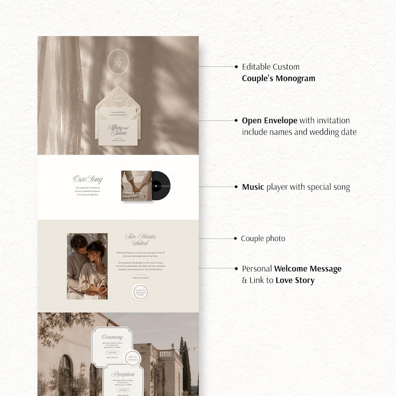Peut inclure: Un mod&egrave;le d'invitation de mariage num&eacute;rique comprenant un monogramme modifiable, une enveloppe ouverte avec noms et date, un lecteur de musique, une photo de couple, un message d'accueil avec lien et les d&eacute;tails de la c&eacute;r&eacute;monie.