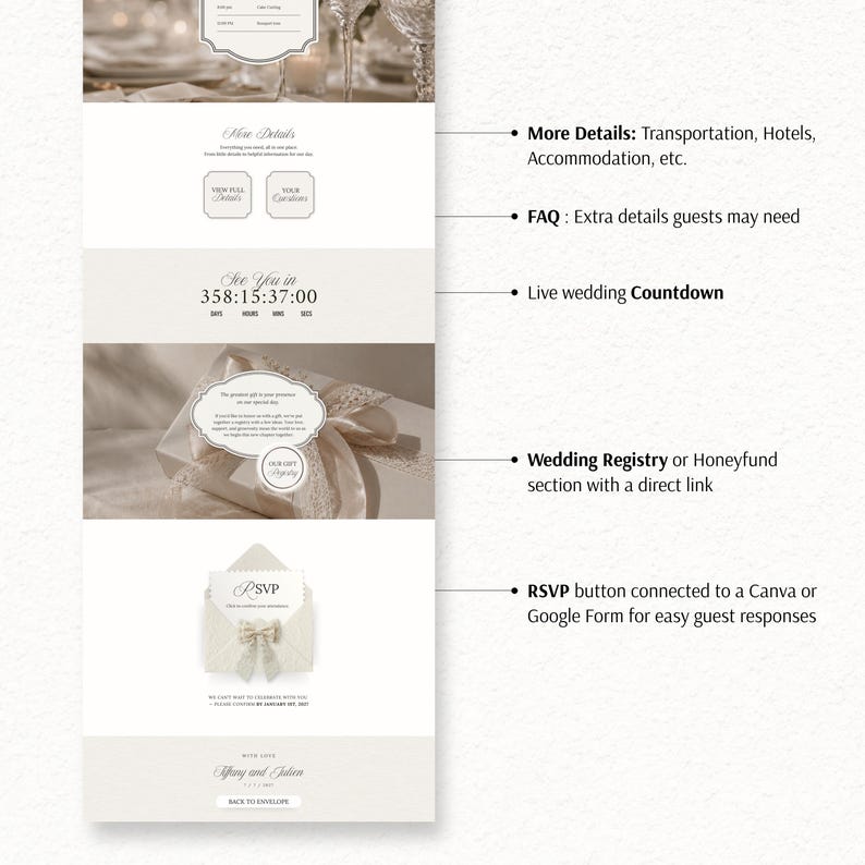 Peut inclure: Un mod&egrave;le d'invitation de mariage num&eacute;rique comprenant des sections pour les d&eacute;tails de l'&eacute;v&eacute;nement, un compte &agrave; rebours en direct, un lien vers la liste de mariage et un bouton RSVP. Mise en page avec typographie &eacute;l&eacute;gante et tons neutres.