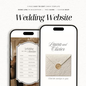 May include: A 5-page Canva wedding website template displayed on two smartphones. One screen shows a wedding timeline with event details, while the other displays the names Laura and Olivier above a textured cream envelope with a gold wax seal.