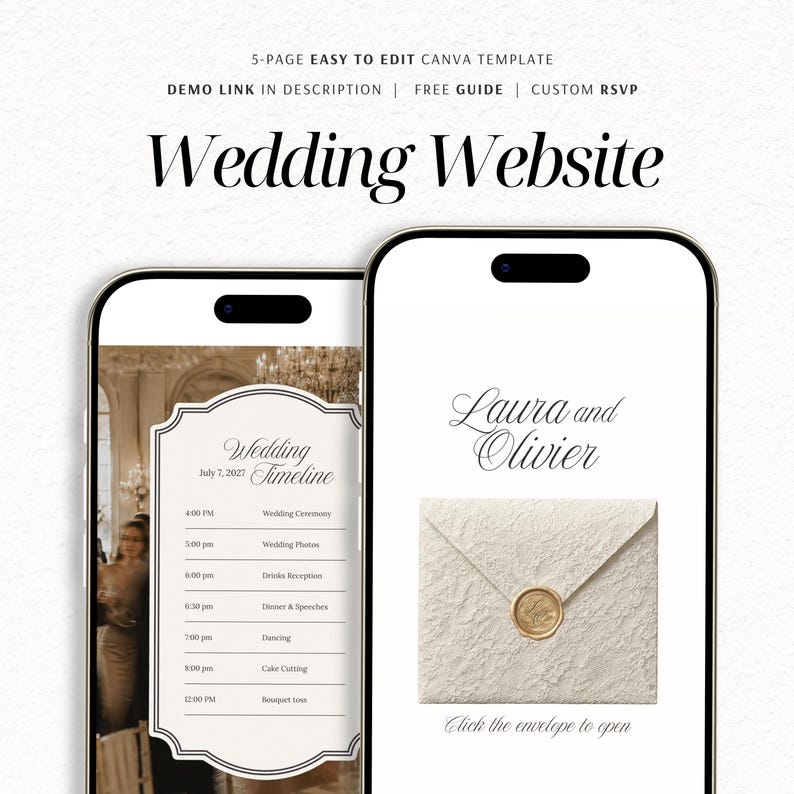 May include: A 5-page Canva wedding website template displayed on two smartphones. One screen shows a wedding timeline with event details, while the other displays the names Laura and Olivier above a textured cream envelope with a gold wax seal.