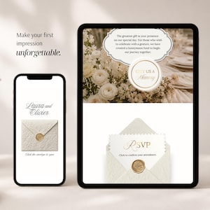 May include: A smartphone and tablet displaying digital wedding invitation templates. The screens feature cream-colored envelopes with gold wax seals, floral imagery, and text including Laura and Olivier, RSVP, and Gift Us A Memory, with the phrase Make your first impression unforgettable.