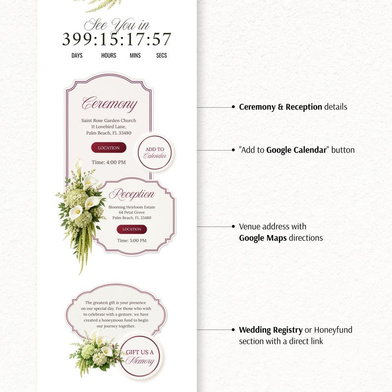 May include: A digital wedding invitation template featuring a countdown timer, ceremony and reception details with location buttons, and a gift registry section. The design includes floral arrangements of white calla lilies and green hydrangeas.
