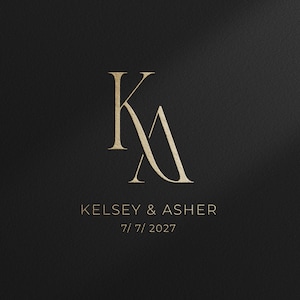May include: A graphic design featuring a large, gold-coloured serif monogram of the letters K and A. Below the monogram, the text reads KELSEY & ASHER in a clean, sans-serif font, followed by the date 7/ 7/ 2027, all set against a solid black background.