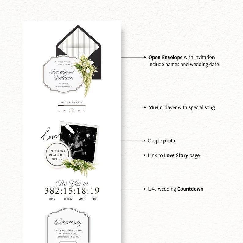 Plantilla web de boda en blanco y negro estilo "Old Money" con confirmación de asistencia / Invitación digital editable en Canva (descarga instantánea) imagen 5