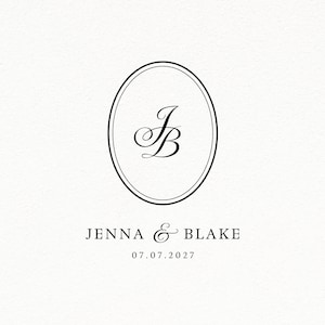 May include: Elegant wedding invitation design with a black oval monogram featuring the initials "JB". Below the monogram, the names "Jenna & Blake" and the date "07.07.2027" are displayed in a classic serif font against a textured white background.