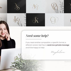 May include: A digital display featuring a grid of ten unique gold-coloured monogram logos against alternating black and white backgrounds. A white rectangular text box contains the message: Need some help? If you need another composition, a specific format, a different version, feel free to send me a private message and I'll be happy to help! Magdalena.