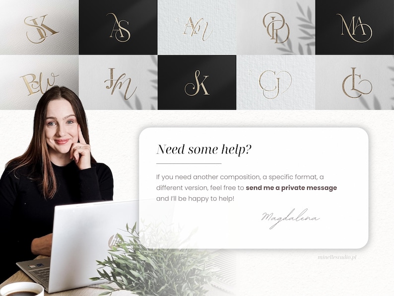 May include: A digital display featuring a grid of ten unique gold-coloured monogram logos against alternating black and white backgrounds. A white rectangular text box contains the message: Need some help? If you need another composition, a specific format, a different version, feel free to send me a private message and I'll be happy to help! Magdalena.