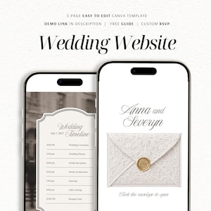 Puede incluir: Dos teléfonos inteligentes que muestran una plantilla de sitio web de bodas de 5 páginas en Canva. Las pantallas muestran un cronograma de boda de 16:00 a 00:00 y una página de inicio con los nombres Anna y Severyn sobre un sobre de encaje blanco.