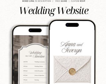 May include: Two smartphones displaying a 5-page wedding website Canva template. The screens show a wedding timeline with a schedule from 4:00 PM to 12:00 PM, and a landing page featuring the names Anna and Severyn above a white lace envelope graphic.