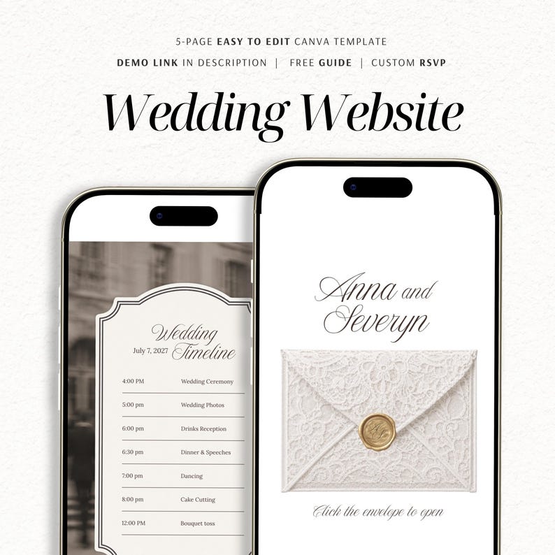 May include: Two smartphones displaying a 5-page wedding website Canva template. The screens show a wedding timeline with a schedule from 4:00 PM to 12:00 PM, and a landing page featuring the names Anna and Severyn above a white lace envelope graphic.
