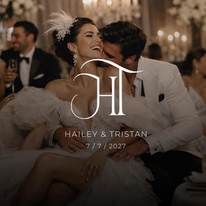 May include: A wedding invitation card featuring a photograph of a couple in formal attire, with the stylised white monogram HT, the names HAILEY & TRISTAN, and the date 7 / 7 / 2027 printed in white text over the centre of the image.