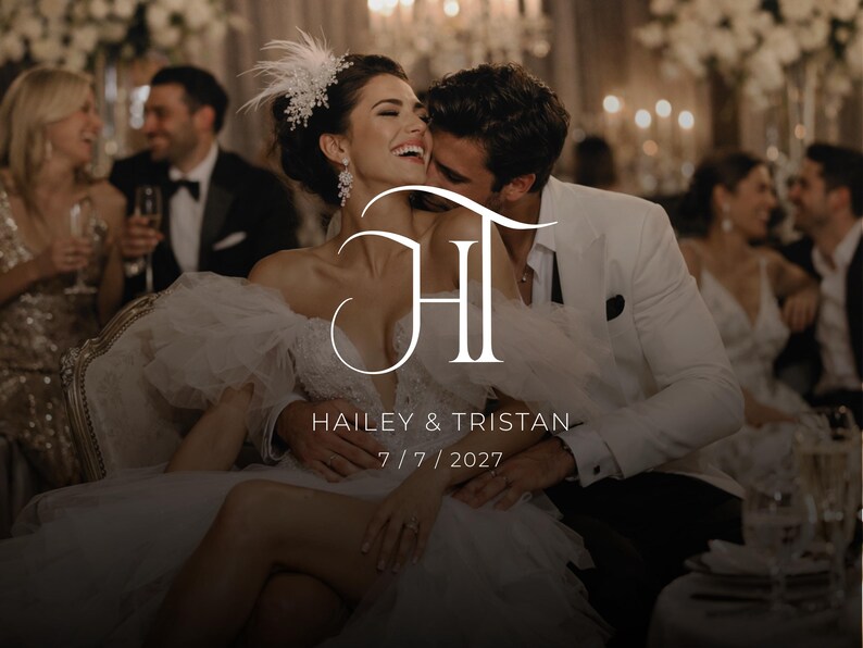 May include: A wedding invitation card featuring a photograph of a couple in formal attire, with the stylised white monogram HT, the names HAILEY & TRISTAN, and the date 7 / 7 / 2027 printed in white text over the centre of the image.